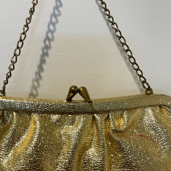 Vintage 50s Gold Lame Top Handle Chain Strap Kiss Lock Handbag - Picture 10 of 13
